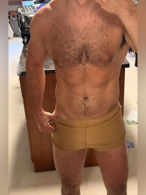Beige swim trunks. Very short